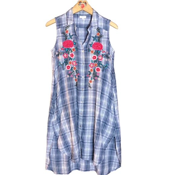 Kyla Seo Shirtdress Blue Plaid Sleeveless Floral Embroidery - Picture 2 of 11